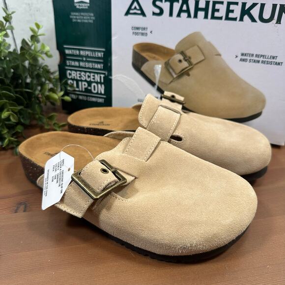 Staheekum Women's Crescent Slip On Tan Suede Buckle Clogs Size 6 - Picture 2 of 8